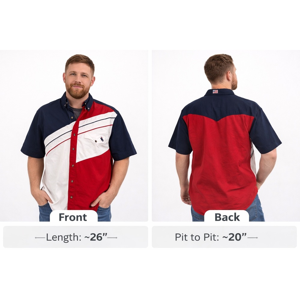 US Western‎ Mens Medium Red White Blue Colorblock Short Sleeve Button Down Shirt